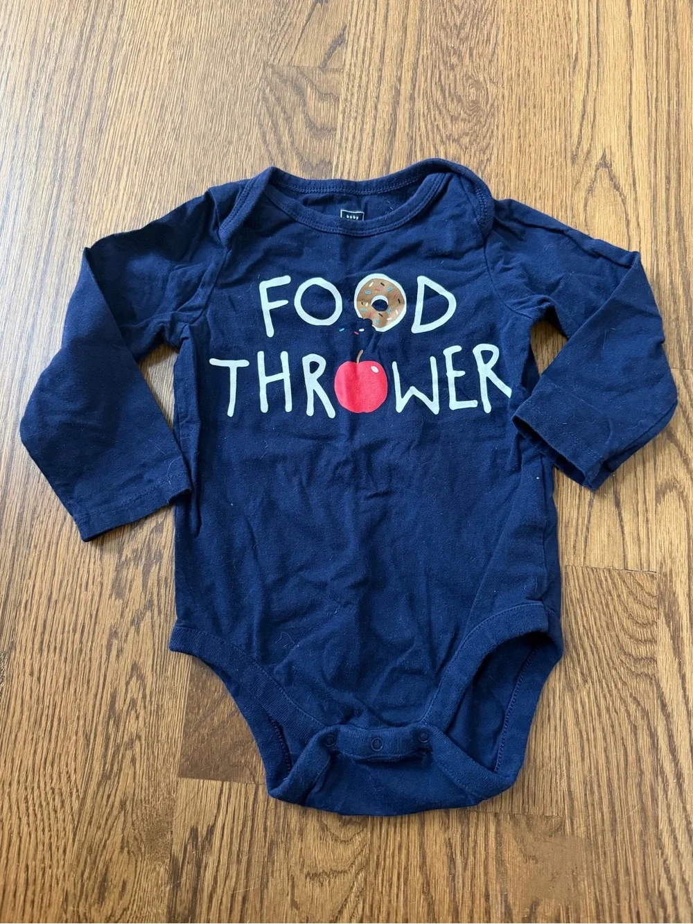 Baby GAP Navy Long Sleeve Food Thrower Onesie Bodysuit and Jeans, size 18-24M